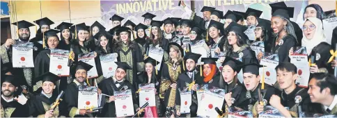  ??  ?? The top award winners share their proud moment with the Chancellor of Limkokwing University, Sultanah of Pahang Hajjah Dr Kalsom (front row, seventh from right).