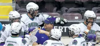  ?? CLIFFORD SKARSTEDT/EXAMINER FILES ?? The Peterborou­gh Jr. C Lakers take a timeout during Game 3 east division semi-final lacrosse action on July 15 at the Memorial Centre. The Jr. C Lakers open their 2017 season on Friday at 8 p.m. at the Evinrude Centre against the Clarington Shamrox.