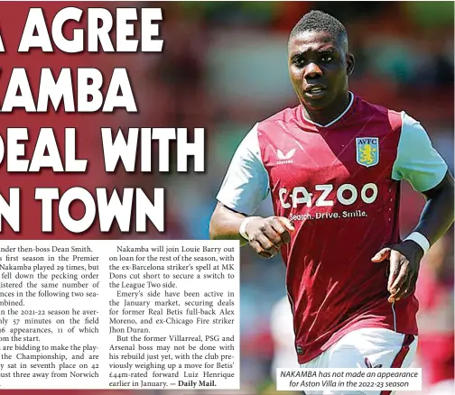  ?? ?? NAKAMBA has not made an appearance for Aston Villa in the 2022-23 season