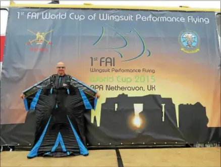  ?? SUBMITTED PHOTOS ?? Torrington’s Jason Bresson displays his suit at the first FAI Flightsuit World Cup.