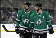  ?? (AP file photo) ?? Dallas Stars left wing Jamie Benn (left) and center Tyler Seguin (right) were regularly among the NHL’s top scorers when they first started playing together in Dallas a decade ago. Now 30-something forwards, Benn the captain and six-time All-Star Seguin are far removed from skating together on the top line, or even leading their own team in scoring while having the two biggest contracts on the Stars’ roster.