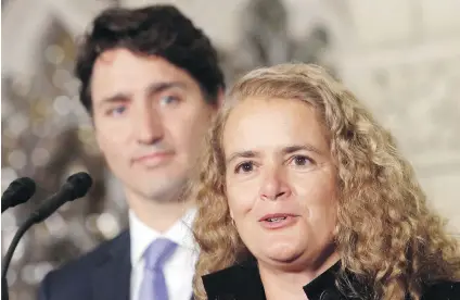  ??  ?? Prime Minister Justin Trudeau and Julie Payette, the next governor general, on Parliament Hill in Ottawa on Thursday.