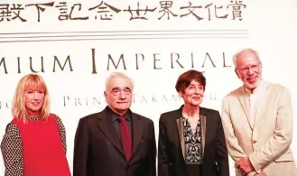  ?? — AFP photos. ?? (From left) US photograph­er Cindy Sherman, US director Martin Scorsese, French sculptor Annette Messager and Latvian-German musician Gidon Kremer, winners of the 28th Praemium Imperiale award, pose during a photo call after a joint press conference in...