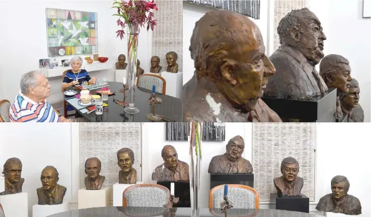  ??  ?? (Clockwise from top, left) Art collector and artist Jane Mason, 90, lunches with her husband, Arthur, 94, beside the busts she sculpted of the main players in Watergate. • The Masons at their home in Washington. • Life-size busts of John Mitchell, from left, Sam Ervin, Daniel Inouye and Howard Baker in the Masons’ dining room. • Jane Mason’s sculptures of some of Watergate’s leading characters: Fred Thompson, from left, Sam Dash, John Ehrlichman, John Haldeman, John Mitchell, Sam Ervin, Daniel Inouye and Howard Baker,shown in her dining room.