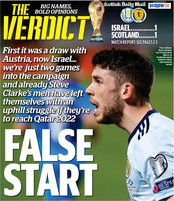  ??  ?? Face values: Ryan Christie cut a frustrated figure as Scotland again failed to beat old nemesis Israel