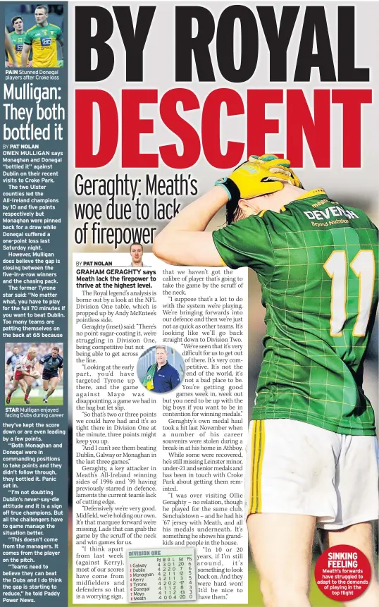  ?? Galway Dublin Monaghan Kerry Tyrone Donegal Mayo Meath ?? PAIN Stunned Donegal players after Croke loss
STAR Mulligan enjoyed facing Dubs during career
SINKING FEELING Meath’s forwards have struggled to adapt to the demands of playing in the top flight