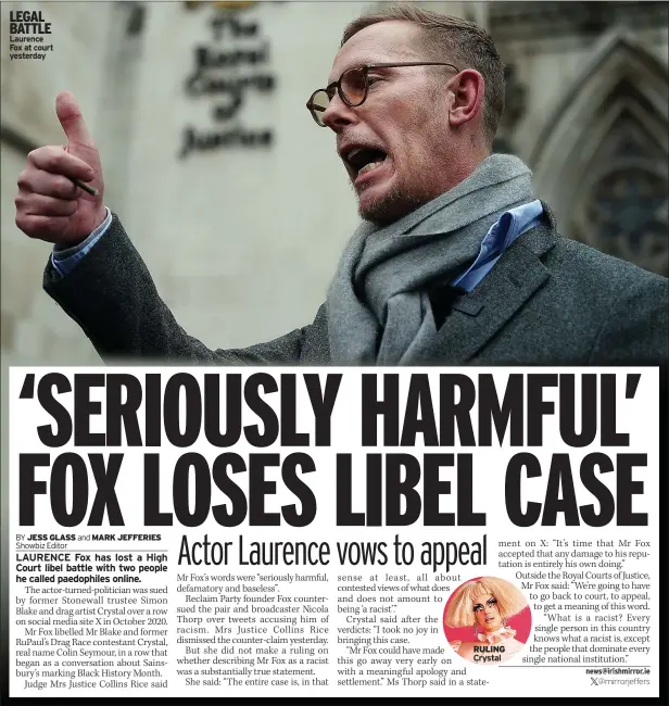  ?? ?? LEGAL BATTLE Laurence Fox at court yesterday
RULING Crystal