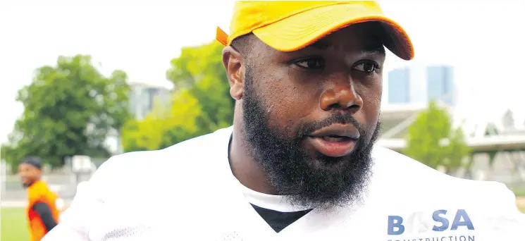  ?? B.C. LIONS PHOTO/VIDEO GRAB ?? Pass rusher Shawn Lemon, who has 51 career sacks, was surprised by the trade that brought him to B.C., but ‘you have to hit the ground running.’