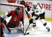  ?? JUSTIN TANG — THE ASSOCIATED PRESS ?? Ottawa goalie Craig Anderson watches as Sharks wing Timo Meier attempts a wraparound in the third period.