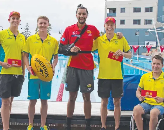  ??  ?? Swimmers Alex Graham and Elijah Winnington, Suns ruckman Tom Nicholls, triathlete Matt Hauser and paratriath­lete Nic Beveridge.