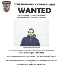  ?? Torrington Police Facebook page ?? Torrington Police Lt. Brett Johnson said if Facebook users give 15,000 likes to the wanted poster of Jose Simms, who has seven failure-to-appear arrest warrants, the 29-year-old Simms promised he would turn himself in.