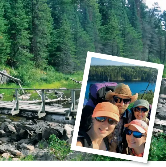  ??  ?? Main photo: (from left) Autumn, Jared and Nia on the bridge over the Whiteshell River. Inset: Selfie of the family overlookin­g
Two Lake.