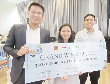  ??  ?? INNOVATION OLYMPICS CHAMP – The Agriviz Team that consists of three students from the Asian Institute of Management was adjudged champion in the Innovation Olympics launched last year by East-West Seed Company. The team members include Aiah Sarmiento,...