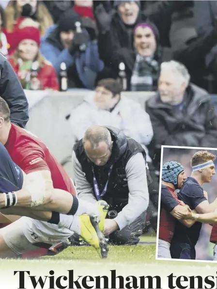  ??  ?? 2 Darcy Graham dives over for his try which gave Scotland hope on Saturday, while, below, Scotland openside flanker James Ritchie gets to grips with Wales tryscorer Josh Adams.