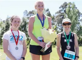  ??  ?? Women’s half marathon winners from left, second place getter Amanda Fontaine of Hernes Oak, winner Emilie Barkley of Garfield North and third-place getter Simone Forbes of Mirboo North.