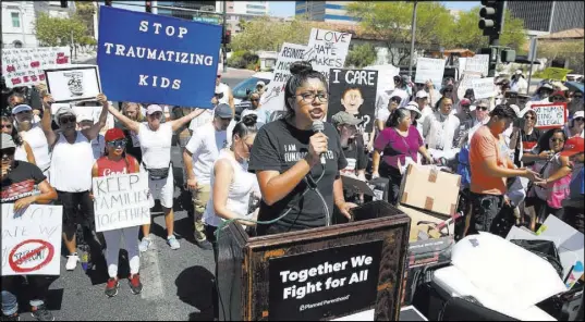  ?? Erik Verduzco Las Vegas Review-Journal @Erik_Verduzco ?? Erika Castro, organizer for the Progressiv­e Leadership Alliance of Nevada, speaks at Saturday’s rally.