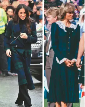  ??  ?? Para Escocia, qué mejor que el tartán o tejido a cuadros del país y clásico de la moda. Meghan lo exhibió en un abrigo de Burberry a su paso por el Castillo de Edimburgo. A la derecha, Diana en la isla de Bute, en 1987.