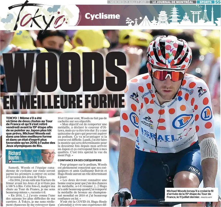  ?? PHOTO AFP ?? Michael Woods lorsqu’il a croisé le fil d’arrivée de la 15e étape du Tour de France, le 11 juillet dernier.