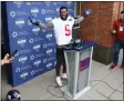  ?? NOAH K. MURRAY - THE ASSOCIATED PRESS ?? Kayvon Thibodeaux (5) answers questions from media at the NFL football team’s rookie minicamp in East Rutherford, N.J., Friday, May 13, 2022.