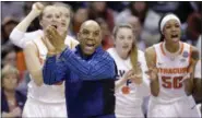  ?? MICHAEL CONROY — THE ASSOCIATED PRESS FILE ?? In this April 3, 2016 photo, Syracuse head coach Quentin Hillsman cheers during the second half of a national semifinal game against Washington at the women’s Final Four in the NCAA college basketball tournament in Indianapol­is.