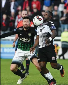  ??  ?? Fuad Sule of Bohemians in action against Jason Marks of BrayWander­ers during the SSE Airtricity League Premier Division match between Bray Wanderers and Bohemians at the Carlisle Grounds.