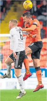  ??  ?? Fraser Aird challenges Liam Smith, left, while Callum Booth climbs above Andy Geggan.