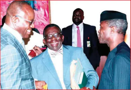  ??  ?? Acting President Yemi Osinbajo (right) chats with the Minister of Health, Prof Isaac Adewole (middle), and Minister of State for Petroleum Resources, Dr. Emmanuel Ibe Kachikwu, shortly after the Federal Executive Council meeting, held at the State...