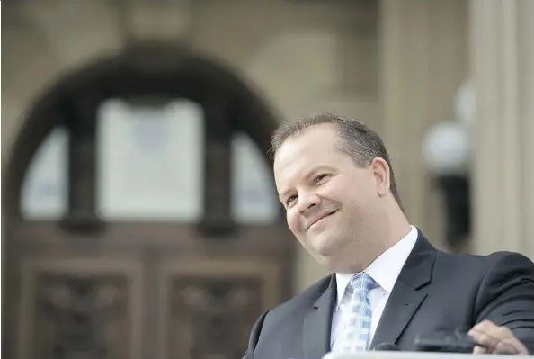  ?? SHAUGHN BUTTS ?? UPC leadership candidate Jeff Callaway announced more of his “big ideas” on the steps of the legislativ­e building on Tuesday. Callaway suggested the province should purchase the Port of Churchill in Manitoba and build its own pipeline to Hudson Bay.