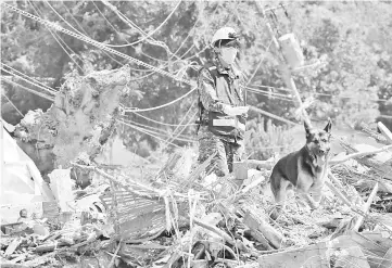  ??  ?? A member of Maritime Self Defence Forces searches for missing persons at a flood damage site in Kure, Hiroshima prefecture. — AFP photo