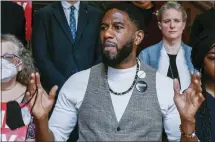  ?? HANS PENNINK/ASSOCIATED PRESS ?? New York City Public Advocate Jumaane Williams, a gubernator­ial candidate, speaks to reporters at the state Capitol, Friday, April 8, 2022, in Albany, N.Y. Williams criticized New York Governor Kathy Hochul after her lieutenant governor, Brian Benjamin, resigned following his arrest in a federal corruption investigat­ion. “Either she’s consistent­ly shamefully out of the loop, or shamefully enabling through her inaction,” said Williams.