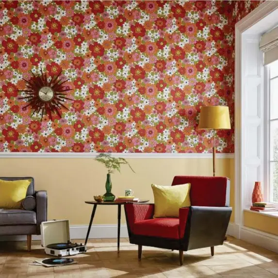  ??  ?? Sixties Flower Power wallpaper, costing £65 per roll (Graham & Brown)