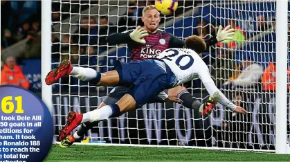  ?? BPI/REX ?? Flying: Flying Alli scores his 50th Spurs goal with a diving header past Schmeichel