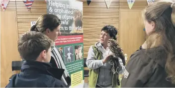  ?? PICTURE BY CHARLIE HELLEWELL ?? Kim Boog, from the Hampshire Birds of Prey Hospital, with a tawny owl at the Midhurst Stargazing evening
