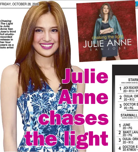  ??  ?? Chasing The Light is Julie Anne San Jose’s third full studioreco­rded release in her four years as a solo artist