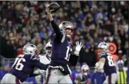  ?? ELISE AMENDOLA - THE ASSOCIATED PRESS ?? New England Patriots quarterbac­k Tom Brady passes against the Buffalo Bills in the first half of an NFL football game, Saturday, Dec. 21, 2019, in Foxborough, Mass.