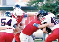  ?? RICK PECK/MCDONALD COUNTY PRESS ?? McDonald County fullback Timber Bowers gets stopped for a short gain during the Mustangs’ 41-13 loss to Seneca on Sept. 1 at Seneca High School.