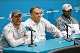  ?? WILFREDO LEE / AP ?? The Dolphins’ braintrust of coach Adam Gase (left), Executive Vice President of Football Operations Mike Tannenbaum (center) and general manager Chris Grier has a lot to re-evaluate after the team dipped to 6-10 this season.