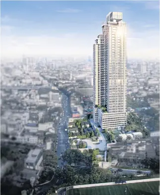  ??  ?? An artist’s rendition of Rhythm Charoenkru­ng Pavilion, a new joint venture condo project by AP Thailand Plc and Mitsubishi Estate Group worth 4.7 billion baht. Real estate developers have Covid-19 crisis management teams in place to cope with abrupt changes.