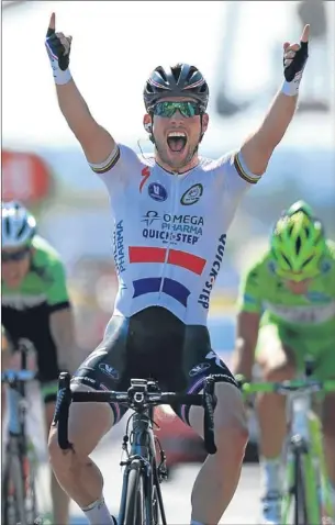  ?? Picture: Getty Images. ?? Mark Cavendish celebrates winning a stage in this year’s Tour de France and has set his sights on victory in Harrogate next year.