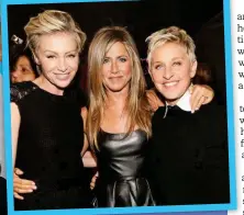  ??  ?? Thanks to the friendship with Ellen and her wife Portia de Rossi (above left), Jen is comfortabl­e opening up about Justin (left) and their divorce.