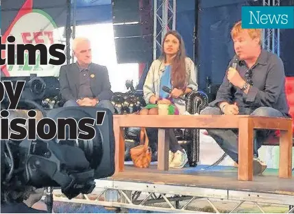  ??  ?? Shadow chancellor John McDonnell (left) during the debate with economist Faiza Shaheen and Guardian journalist John Harris