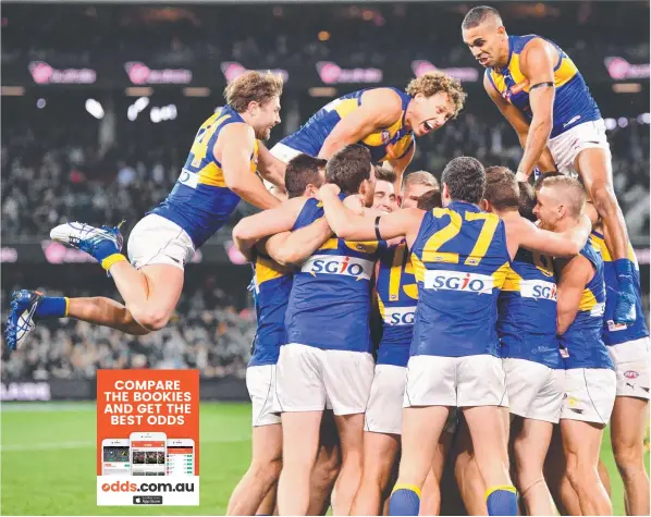  ?? Picture: AAP ?? West Coast Eagles players celebrate after Luke Shuey kicked the winning goal in the first AFL eliminatio­n final match against Port Adelaide at the Adelaide Oval last night