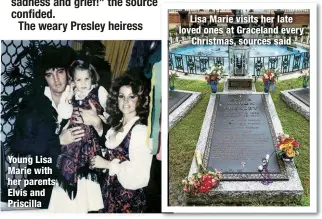  ?? ?? Young Lisa Marie with her parents, Elvis and Priscilla
Lisa Marie visits her late loved ones at Graceland every
Christmas, sources said