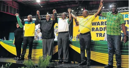  ?? / VELI NHLAPO ?? The ANC top six after the elective conference at Nasrec in Joburg. From the left, Jessie Duarte, Ace Magashule, Gwede Mantashe, Cyril Ramaphosa, David Mabuza and Paul Mashatile.