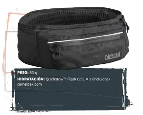  ??  ?? PESO: 83 g
HIDRATACIÓ­N: Quickstow™ Flask 0,5L × 1 (incluidos) camelbak.com