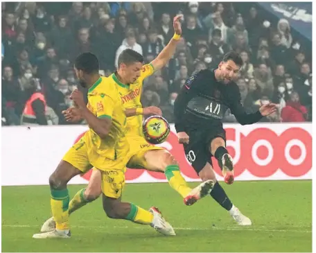  ?? AP ?? First of many:
Lionel Messi scored his first league goal for Paris Saint-germain in the game against Nantes at the Parc des Princes stadium in Paris.