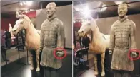  ??  ?? The thumb of a Terracotta Warrior was stolen by a member of the public in Philadelph­ia, where the statue is on display.