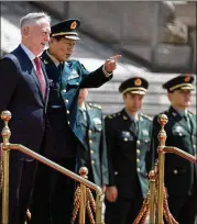  ?? MARK SCHIEFELBE­IN / THE NEW YORK TIMES ?? U.S. Secretary of Defense Jim Mattis meets with his Chinese counterpar­t, Gen. Wei Fenghe, in Beijing on Thursday before heading to South Korea. Mattis said the United States would maintain current troop levels in South Korea.