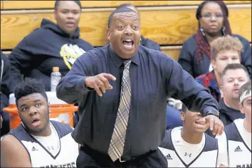  ?? JOHN SMIERCIAK/POST-TRIBUNE ?? Griffith coach Grayling Gordon reacts to a call during a game against visiting Hanover Central on Jan. 17, 2020. Gordon has been hired as East Chicago Central’s coach.