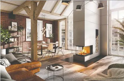  ??  ?? A three-sided fireplace adds ambience and a touch of modernity to this rustic, homey scene.